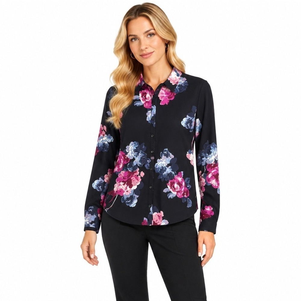Joules Elvina Floral Button Down Shirt Womens 10 Black Pink